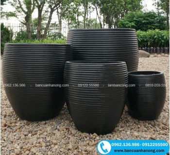 Bộ 4 chậu xi măng nhẹ hình tròn kẻ ngang màu đen và xám